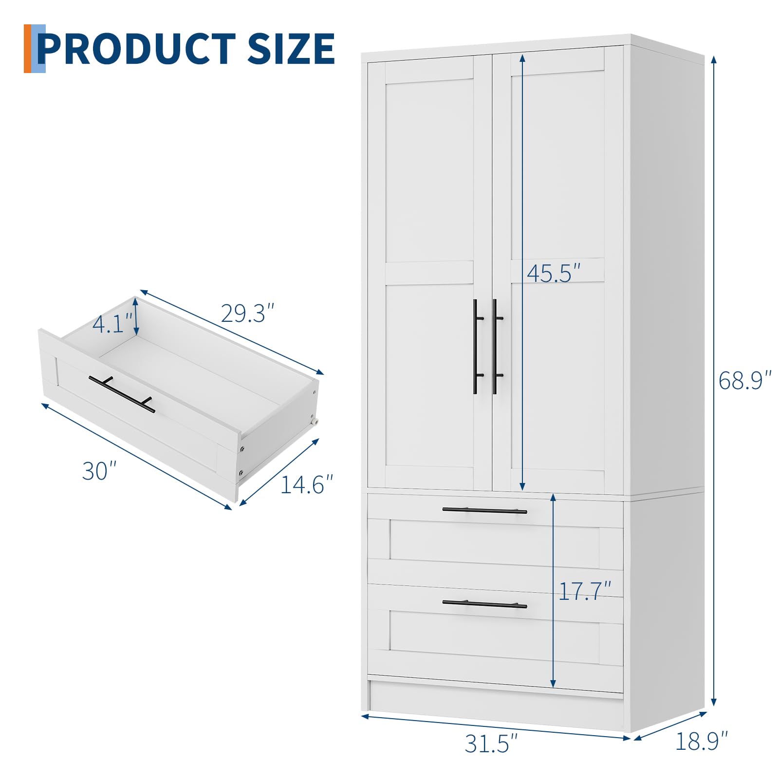 2-Door Wardrobe Armoire with Drawers & Hanging Rod