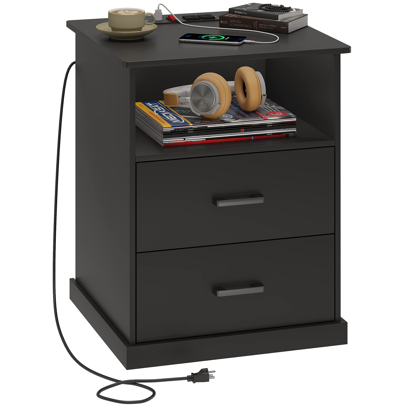 Nightstand with Charging Station & Storage Drawers