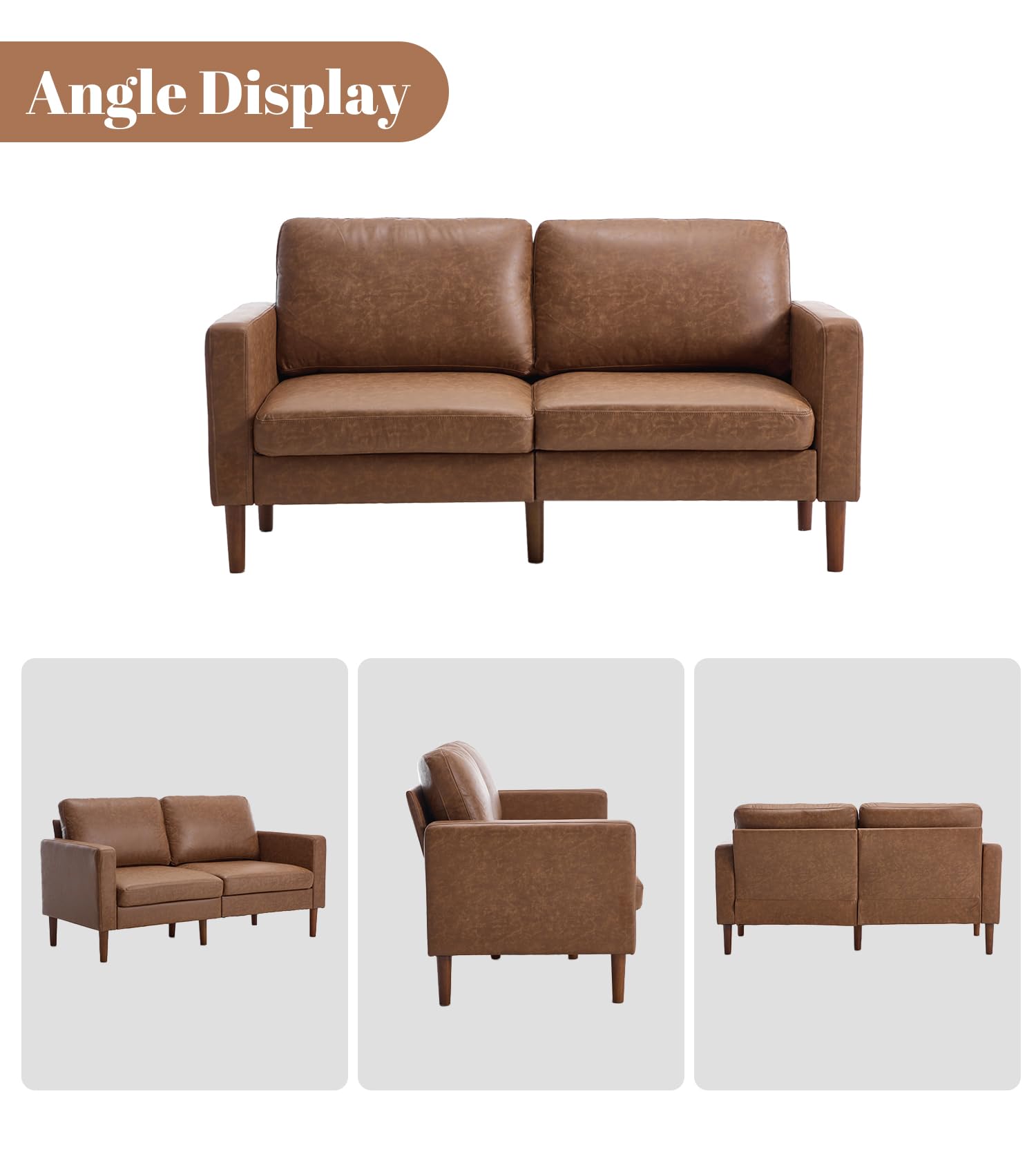 Kingfun 65" Loveseat Sofa, Faux Leather Love Seat Couch, Mid Century Modern Couch with Solid Wooden Frame for Living Room & Bedroom in Small Spaces, Brown