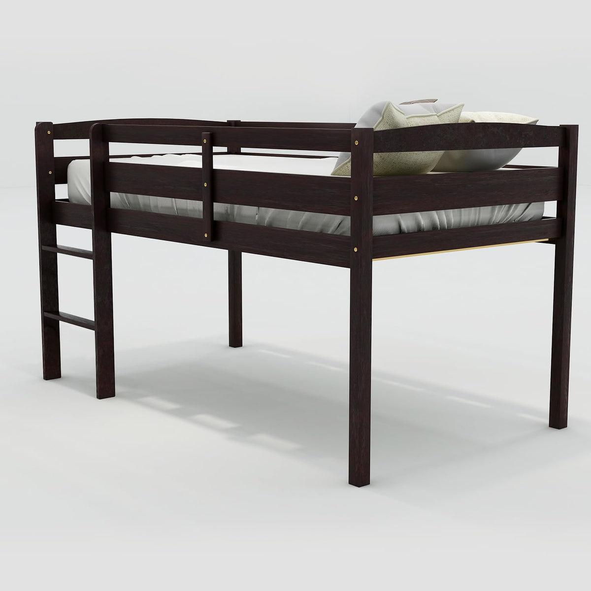 Flieks Low Loft Beds, Twin Wood Loft Bed Low Loft Beds for Kids with Ladder and Guardrails, No Box Spring Required, Easy Assembly，Space Saver (Espresso)