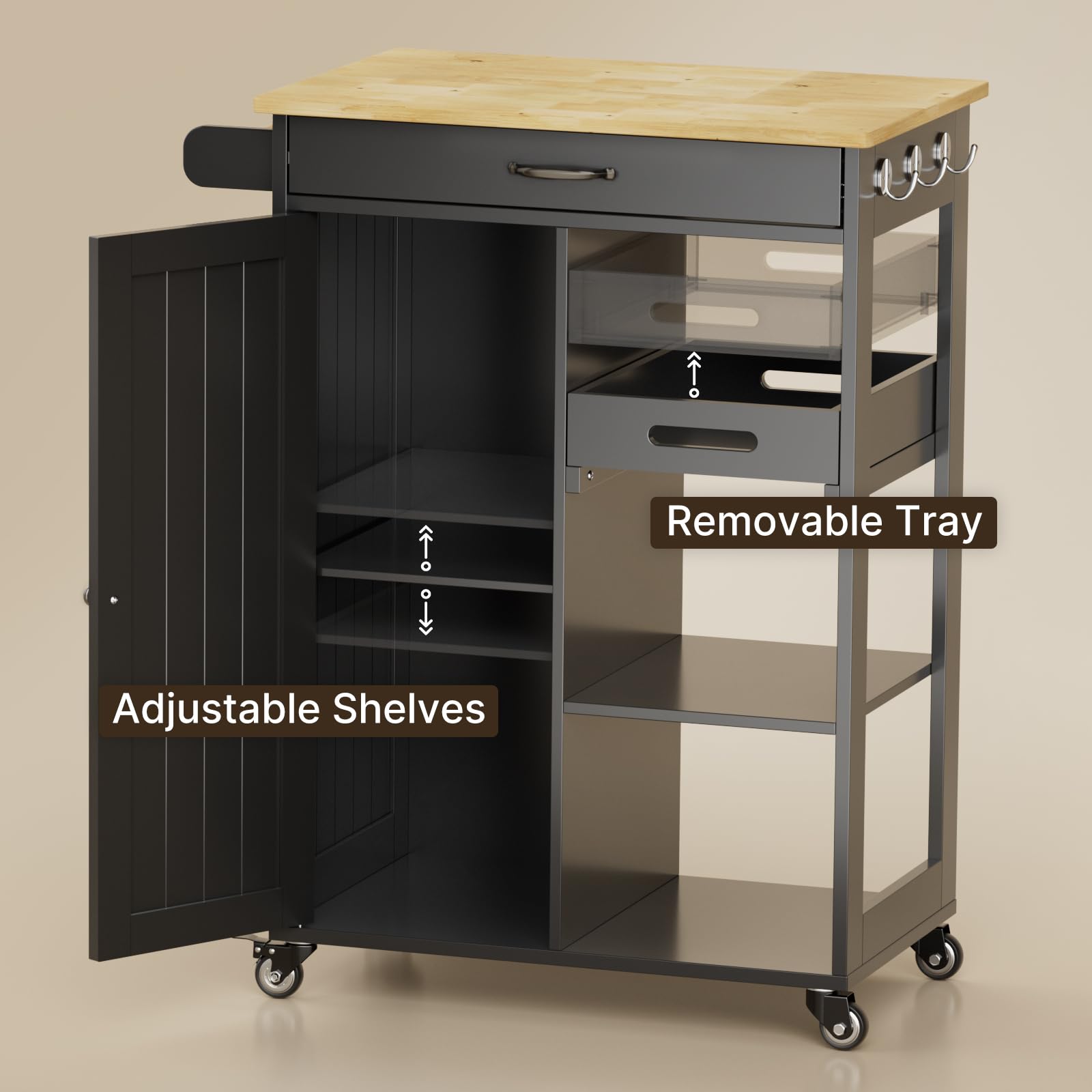 Rolling Kitchen Island Cart with Drawer, Cabinet & Storage Shelves