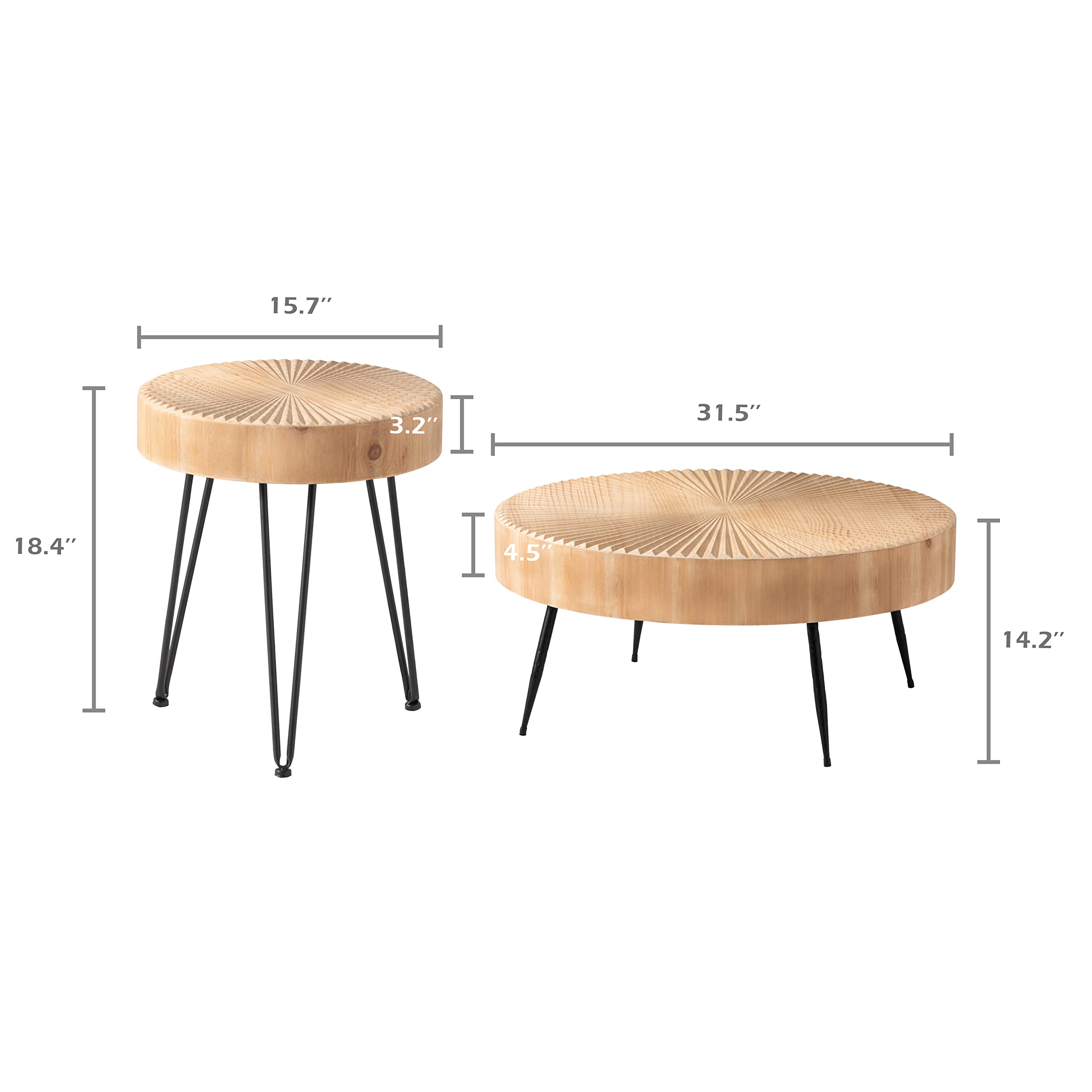 Round Farmhouse Nesting Coffee Table Set – 2-Piece, Wood Radial Pattern
