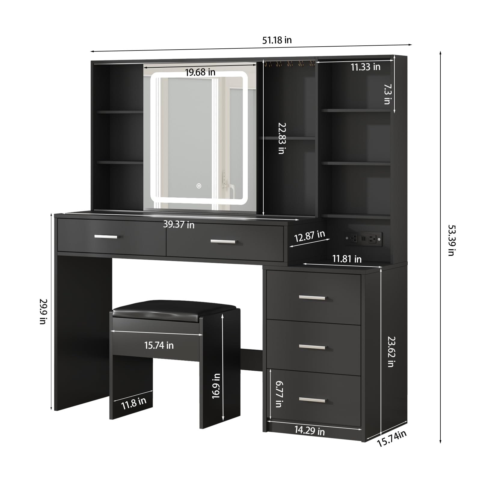 Fameill Vanity Desk with Mirror and Lights, Makeup Vanity with 5 Drawers, Makeup Desk with Charging Station and Ample Storage, Dressing Table with Chair for Bedroom Room (Black)