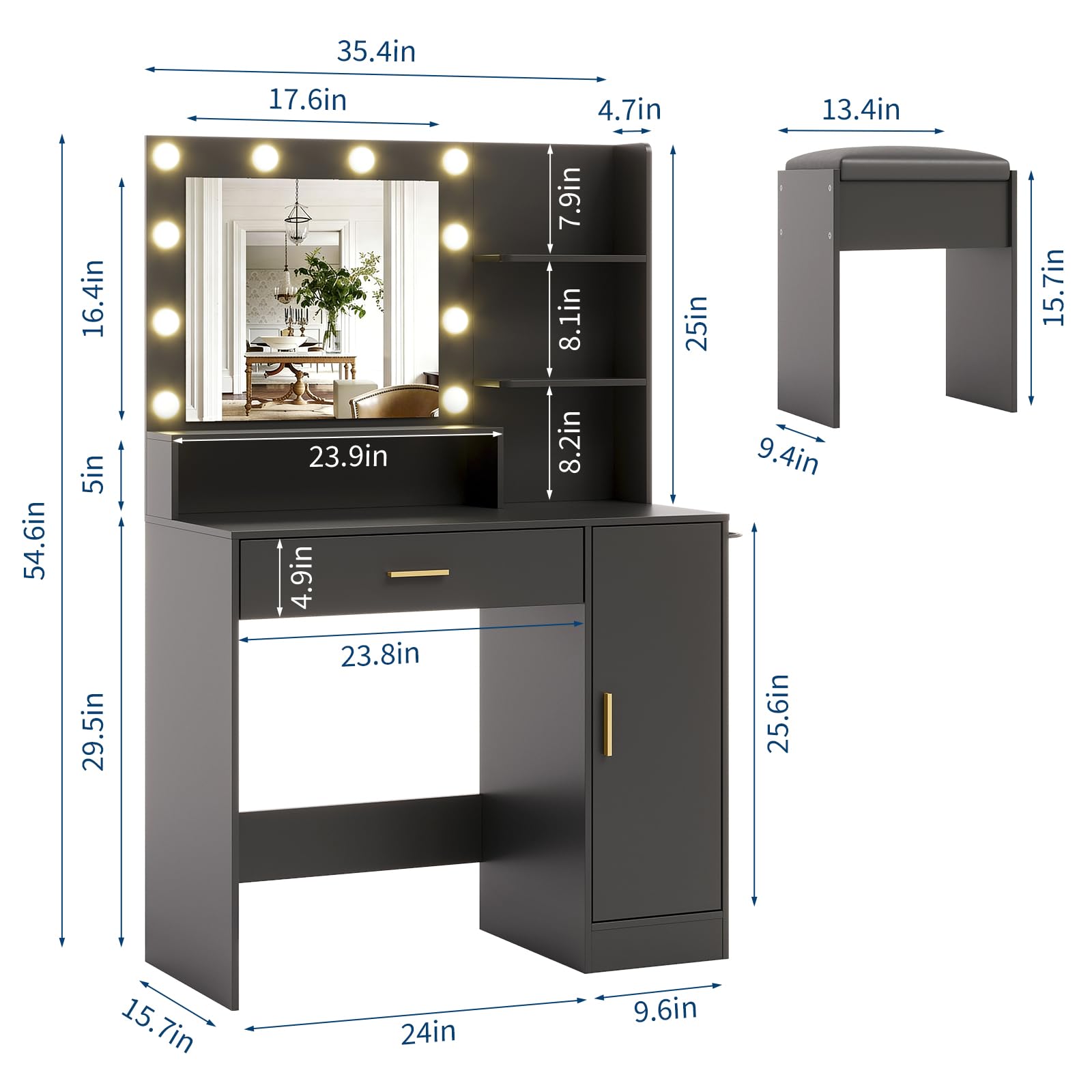 Garvee Vanity Desk with Mirror and Light, Makeup Dressing Table with Large Drawers and 3-Level Storage Dresser, 3 Lighting Modes Adjustable Brightness, Modern Vanity Set for Bedroom, Black