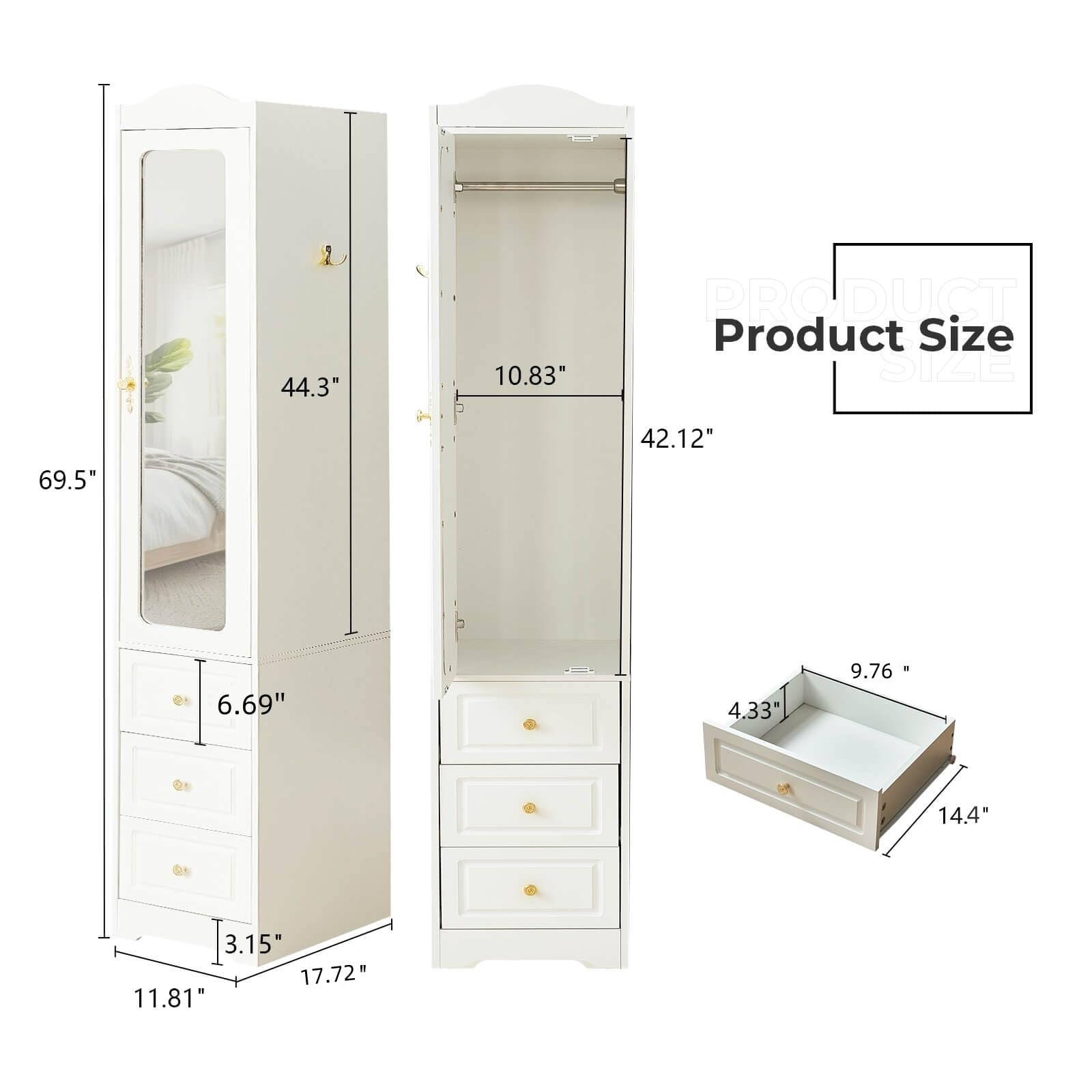 JanflyHome Armoire Wardrobe Closet, White Bedroom Armoires Cabinet with Mirror Door and 3 Drawers, 69.5" H Clothing Storage Cabinet with Hanging Rod & Sensor Light for Bedroom-Right