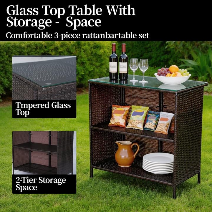 3-Piece Patio Wicker Bar Set with Glass Top & Cushioned Stools