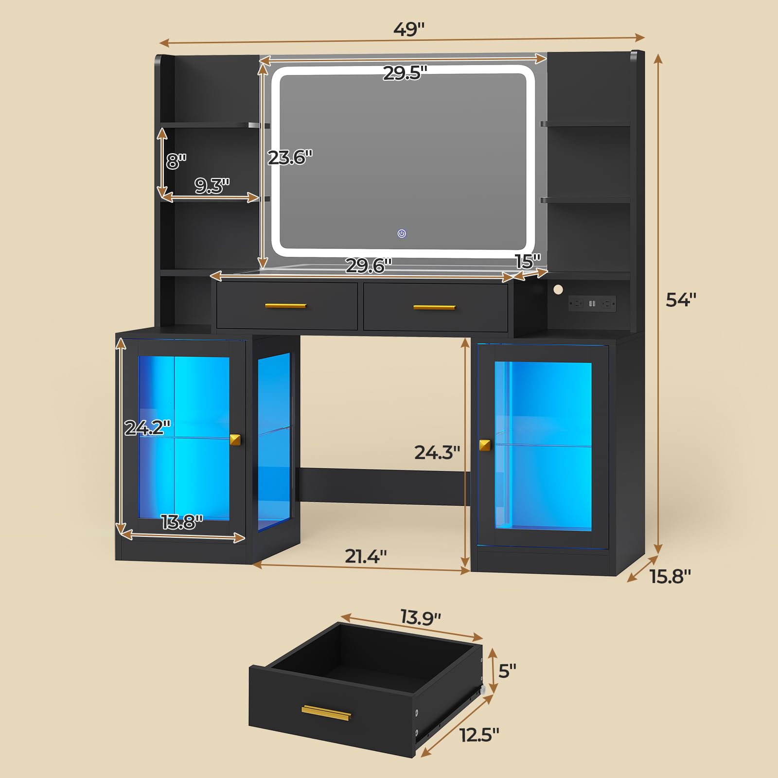 ADORNEVE Makeup Vanity with Mirror & Lights, RGB Cabinets, Vanity Desk with 2 Glass Top Drawers & Power Outlet, for Teen Girls, Women, Black