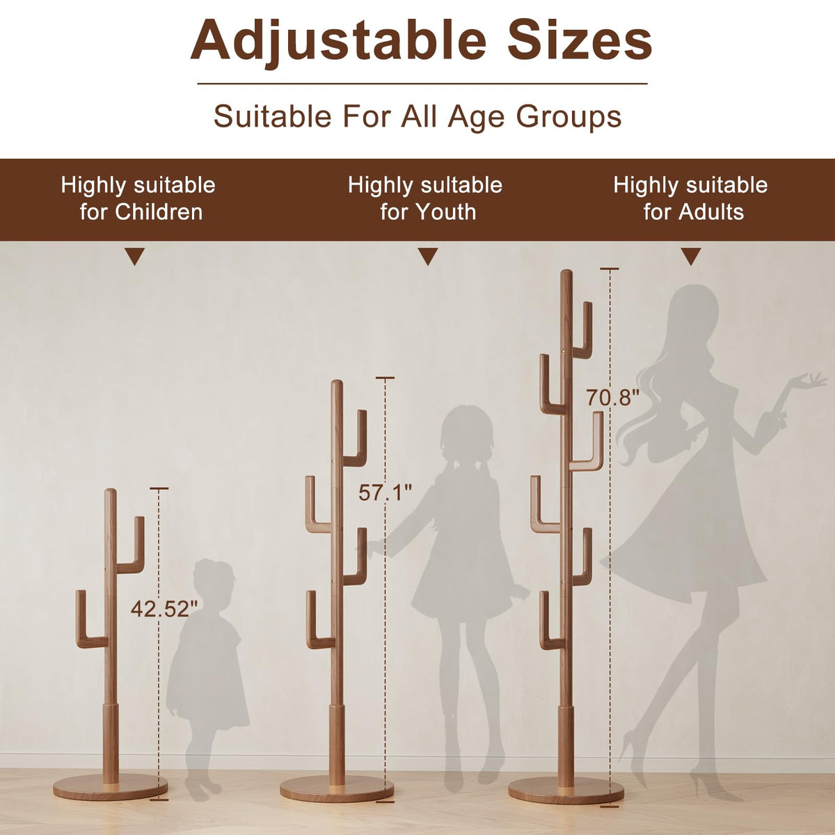 Walnut Solid Wood Cactus Coat Rack with 6 Hooks
