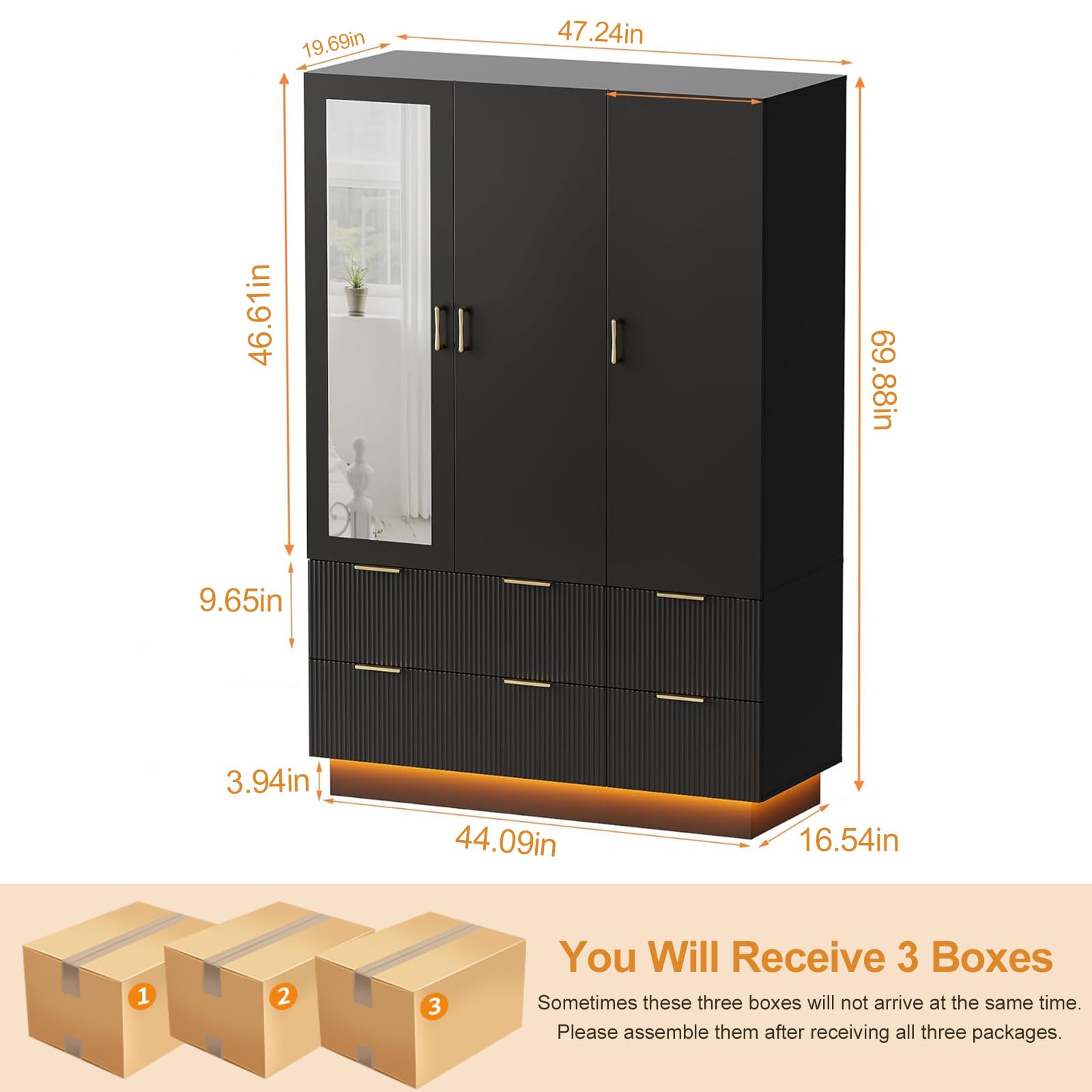 PAKASEPT Large Wardrobe Closet, Armoire Closet with Door and Mirror, LED Lights, Hanging Rod, Drawers, Armoires and Wardrobes for Bedroom (Black)