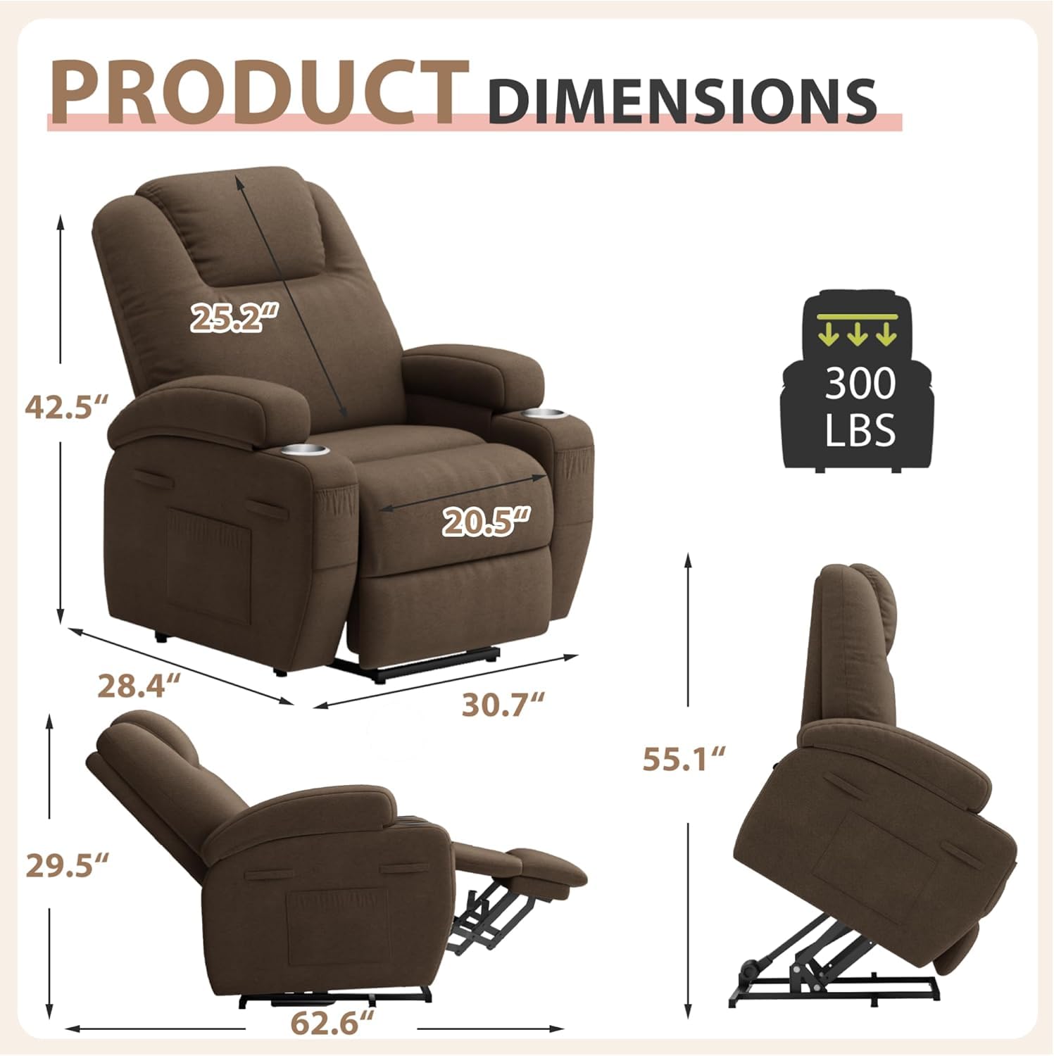 Flamaker Power Lift Recliner Chair (Fabric, Brown)