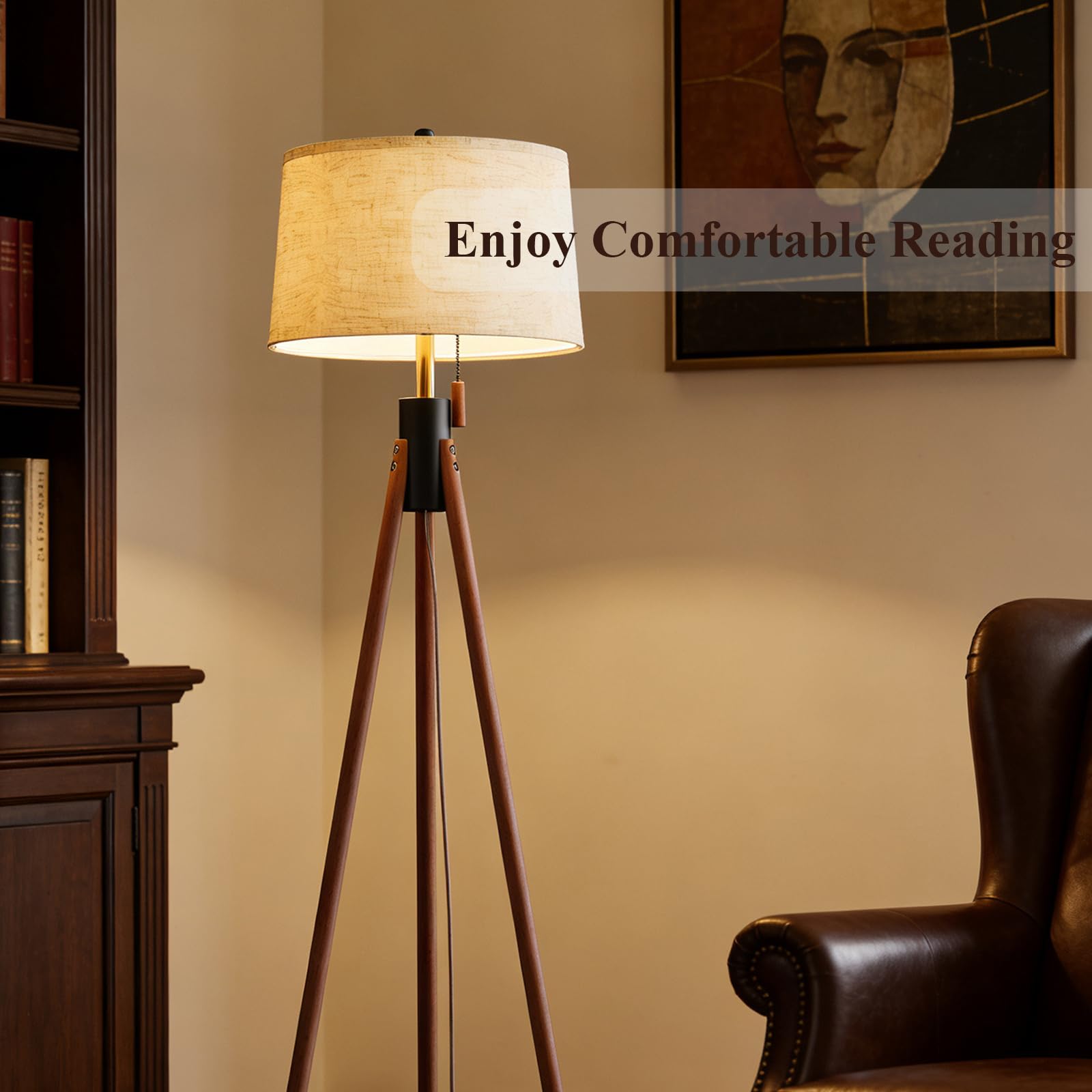 Mid Century Modern Tripod Floor Lamp, Gold Accented Two-Tone Solid Wood Floor Lamp with Black-Finished Solid Wood Center, Linen Shade & Pull Chain, Tall Lamp for Living Room Bedroom Reading Corner