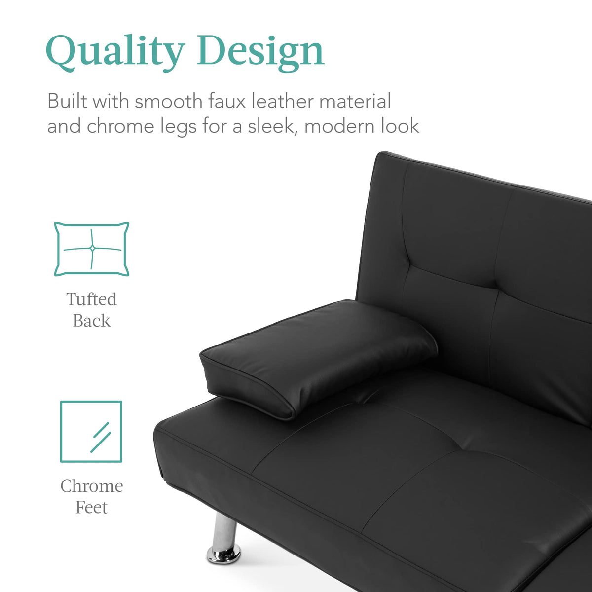Best Choice Products Faux Leather Upholstered Modern Convertible Futon, Adjustable Folding Sofa Bed, Guest Bed w/Removable Armrests - Black