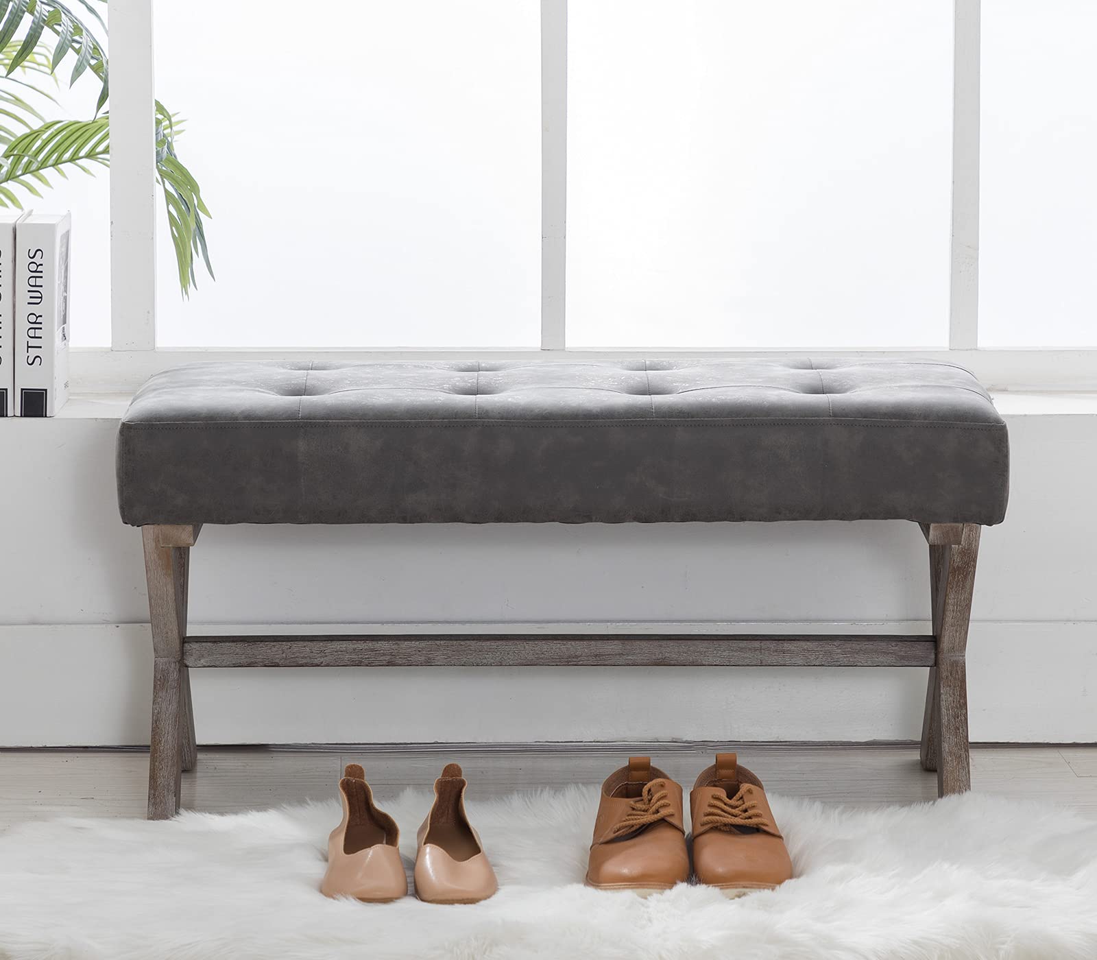chairus PU Leather Upholstered Entryway Bench, 36 inch Bedroom Bench Seat with X-Shaped Wood Legs for Living Room, Foyer or Hallway - Gray