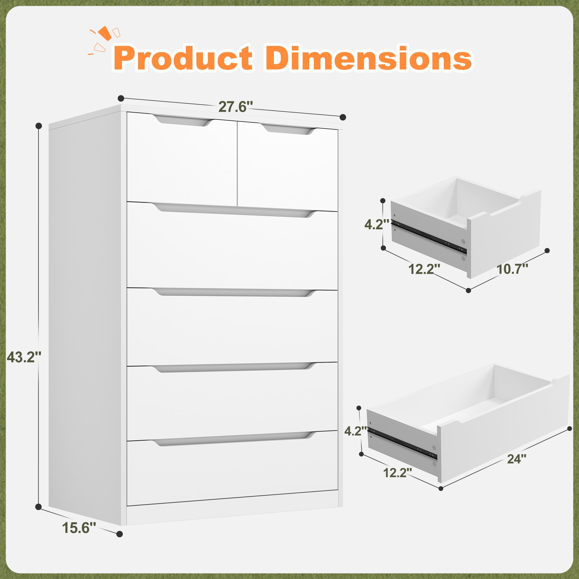 Romorgniz White Dresser for Bedroom with 6 Wood Drawers, Tall Dressers & Chests of Drawers with Smooth Metal Slides for Entryway Hallway, Handle-Free Modern Design, 250 LBS Capacity