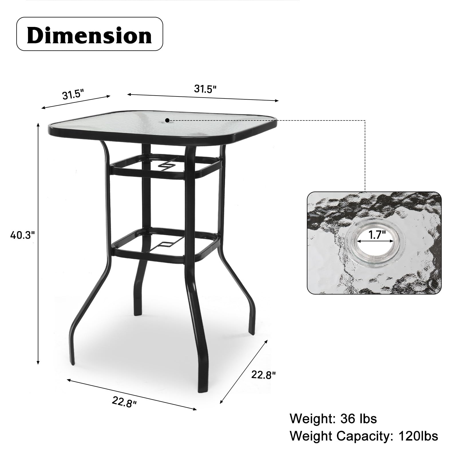 VINGLI Outdoor Bar Table with Umbrella Hole, Modern Black Metal Patio Bar Table, High Top Table for Outdoor Relaxation and Home Entertaining (Black, 31.5'x31.5'x40.3')