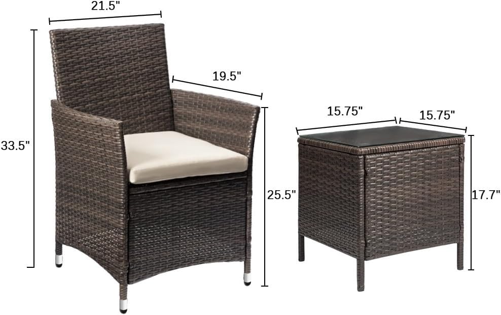 3 Piece Wicker Patio Conversation Set, Brown/Beige
