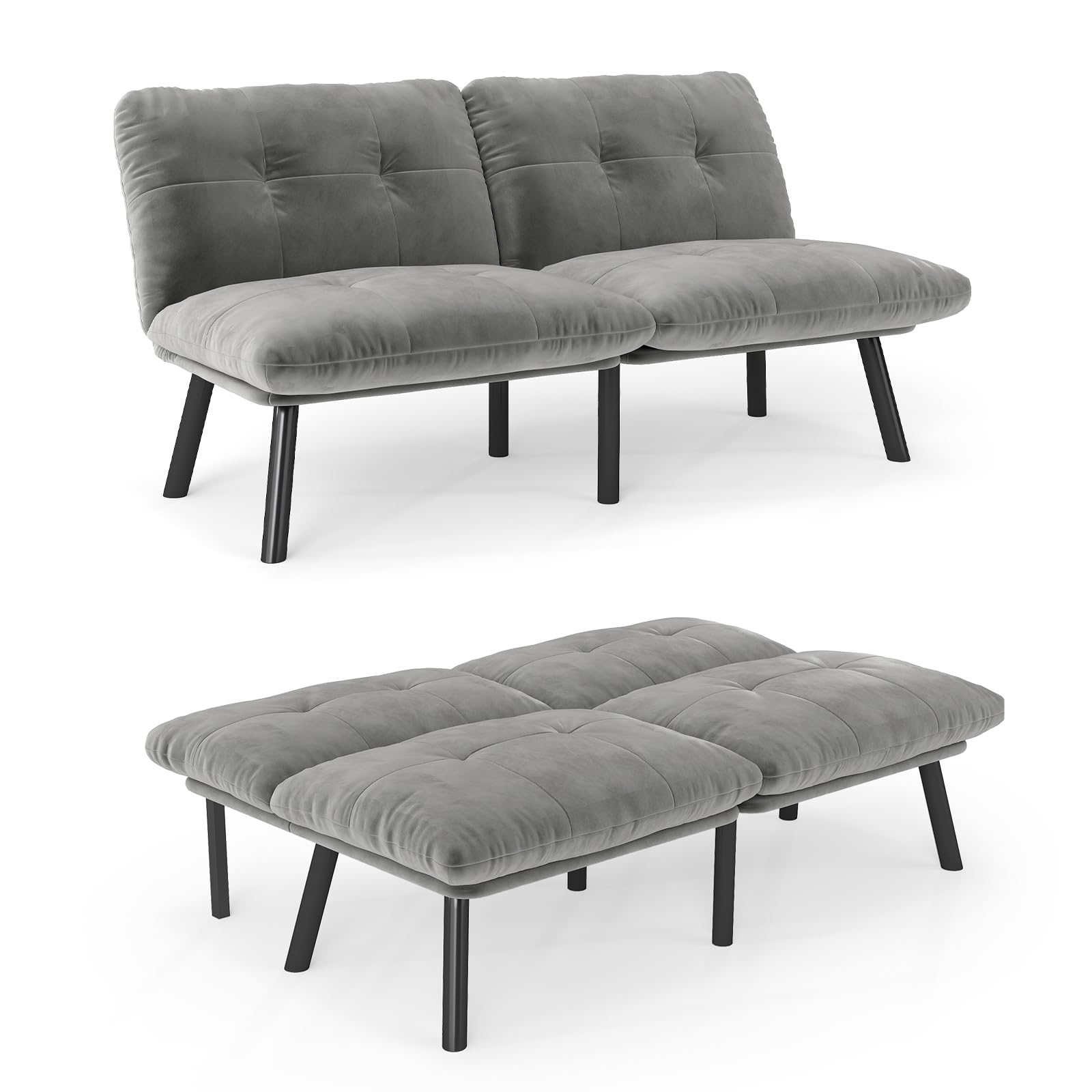 homeokay Futon Sofa Sleeper Couch Bed with Adjustable Backrest Thick Cushion Velvet Fabric for Department Living Room Lounge Sofa Loveseat (Gray)