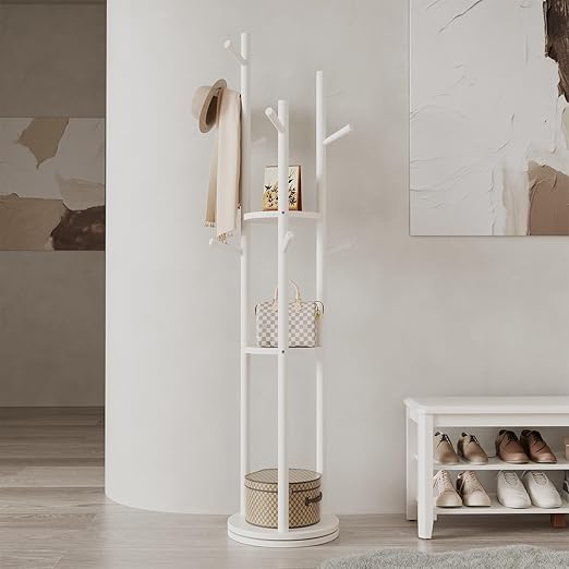 Rotating Wood Coat Rack with Shelves & Hooks