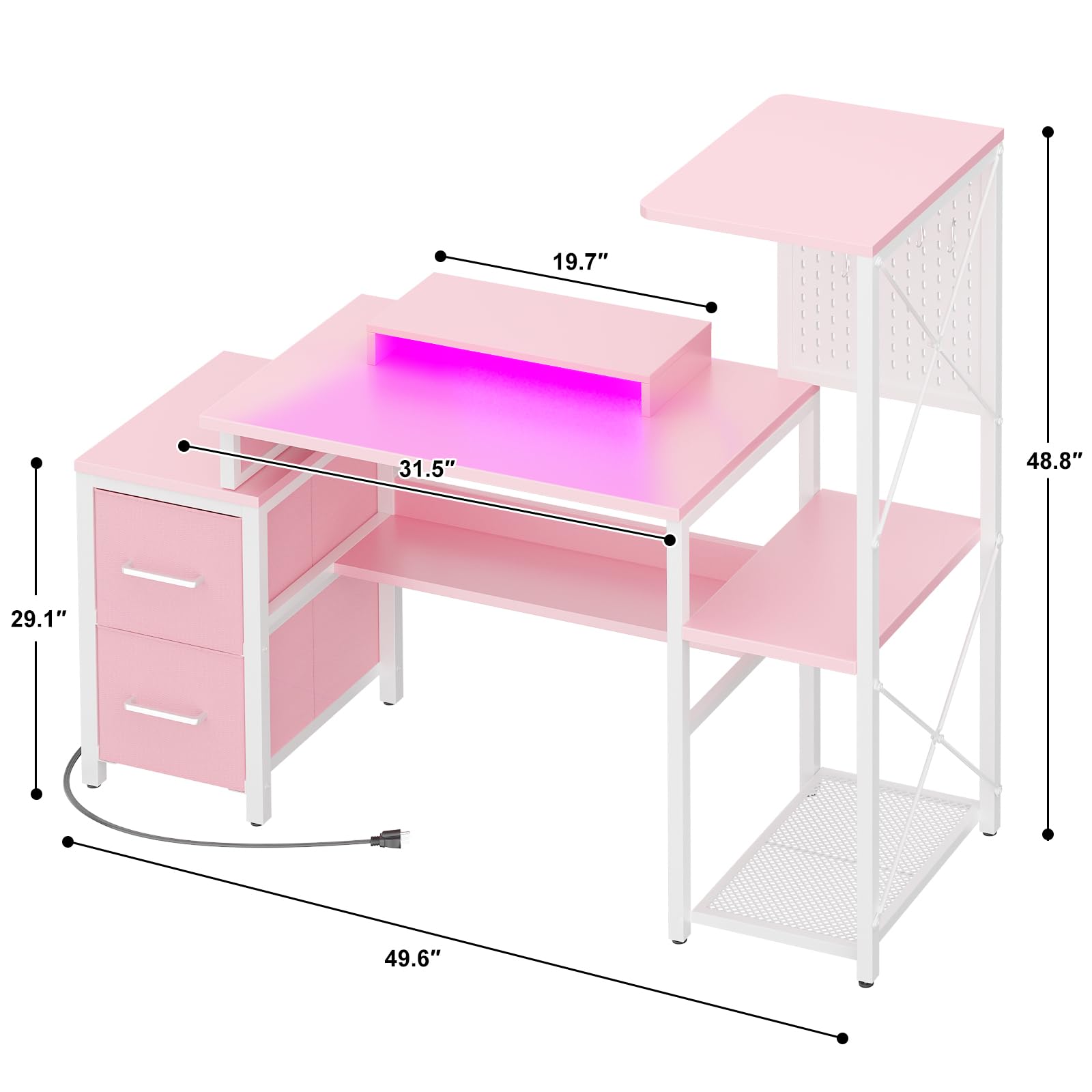 Gaming Desk with Drawers, LED Lights & Power Outlet
