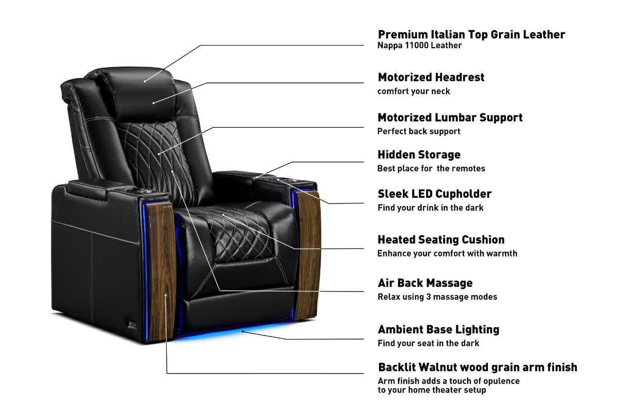 Valencia Tuscany Executive Premier Home Theater Seating with Heat & Massage, Top Grain Italian Nappa 11000 Leather Power Recliner Chair with Headrest & Lumbar Support (Row of 4, Black)