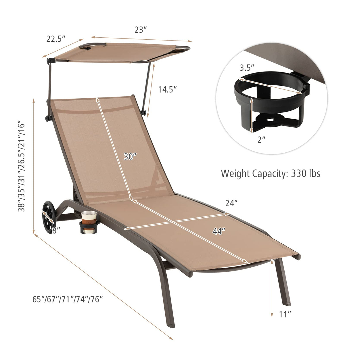 Tangkula Patio Chaise Lounge Chair, Outdoor Recliner with Wheels, Adjustable Canopy & Cupholder, 6-Level Backrest, Heavy-Duty Metal Reclining Lounger for Poolside, Backyard (1, Brown)