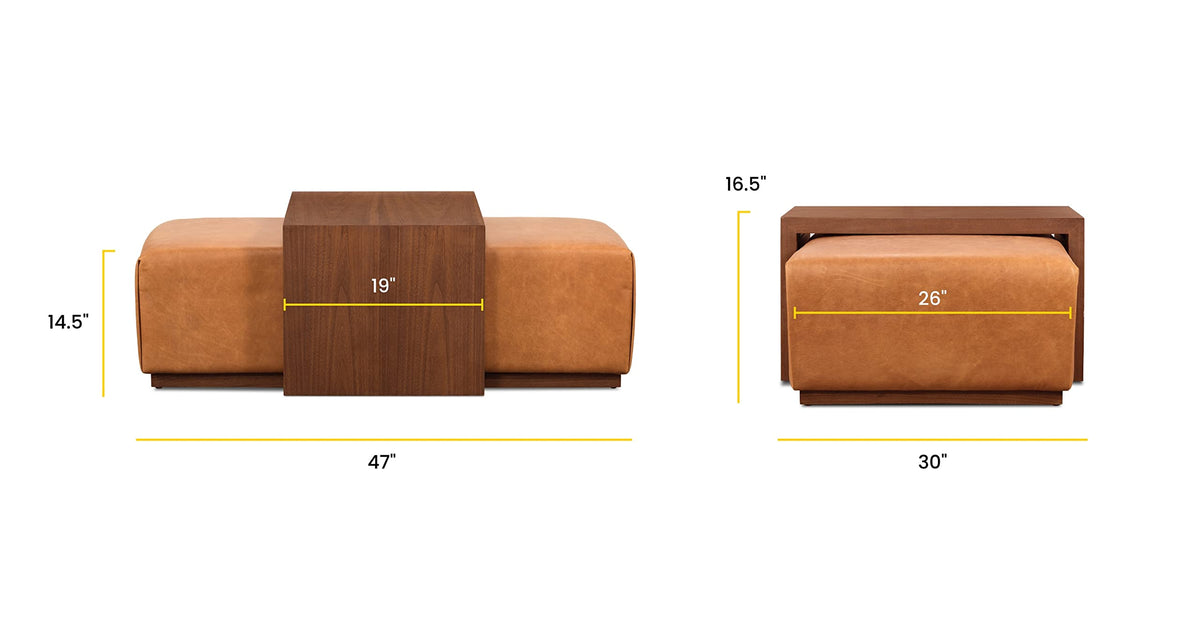 POLY & BARK Jarmo Leather Ottoman with Walnut Table in Full-Grain Pure-Aniline Italian Tanned Leather in Saddle Tan