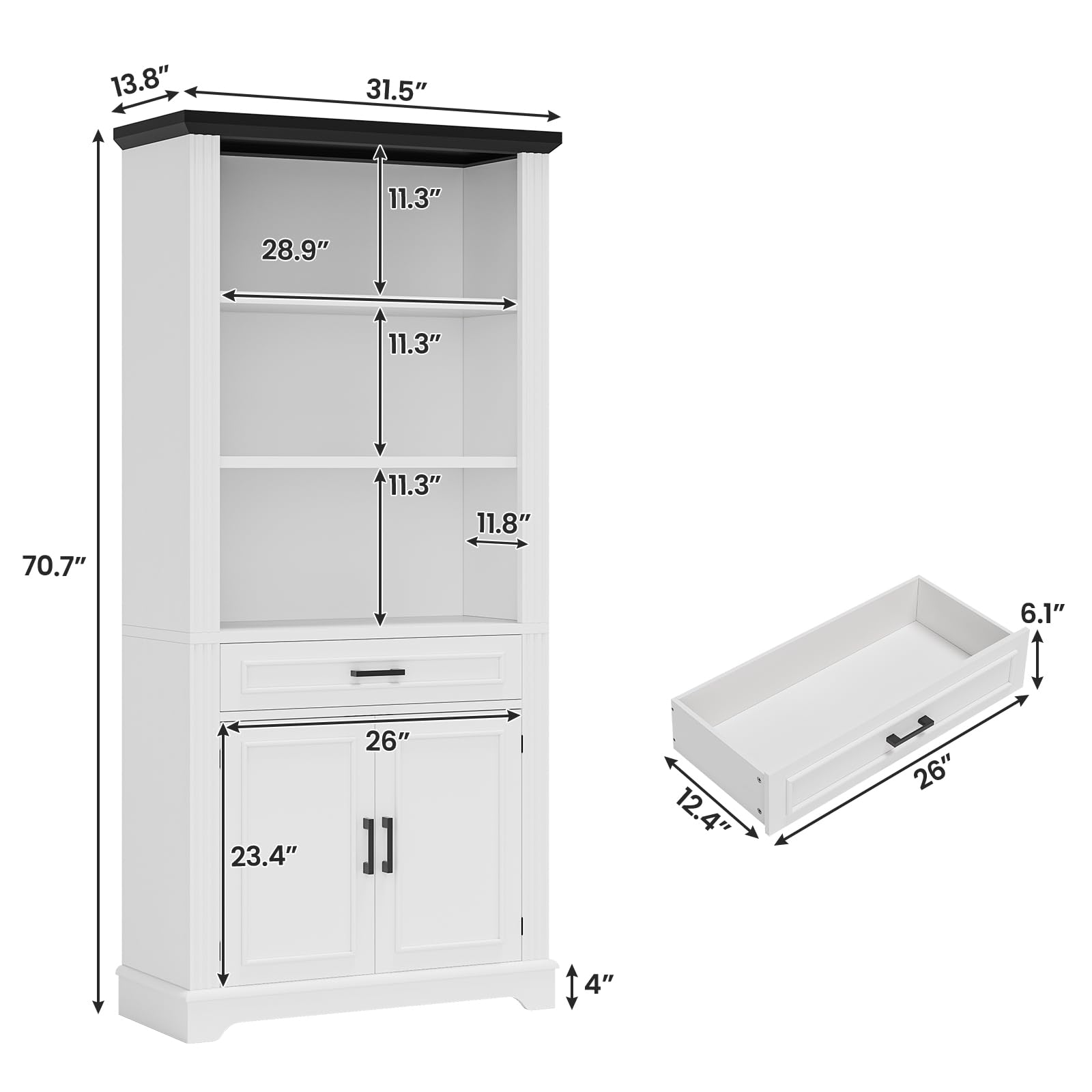 SEDETA Farmhouse Bookshelves and Bookcases with Doors and Drawer, Bookshelf with Storage, Floor Standing 6 Shelf Display Storage Shelves 70 in Tall Bookshelf for Home Office, Living Room, White