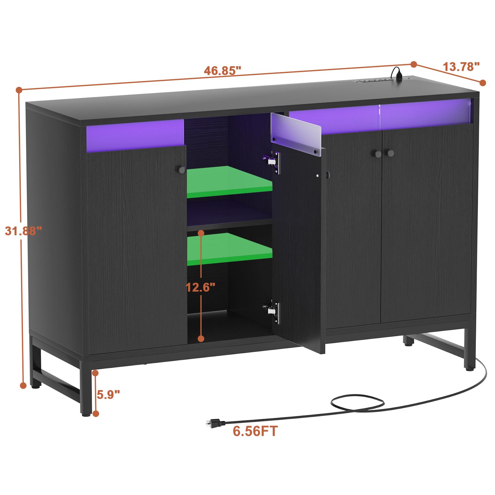 Aheaplus Sideboard Buffet Cabinet with Power Outlet, Kitchen Storage Cabinet with LED Light & Doors, Accent Cabinets Cupboard Buffet Table with Storage for Dining Room, Living Room, Hallway, Black