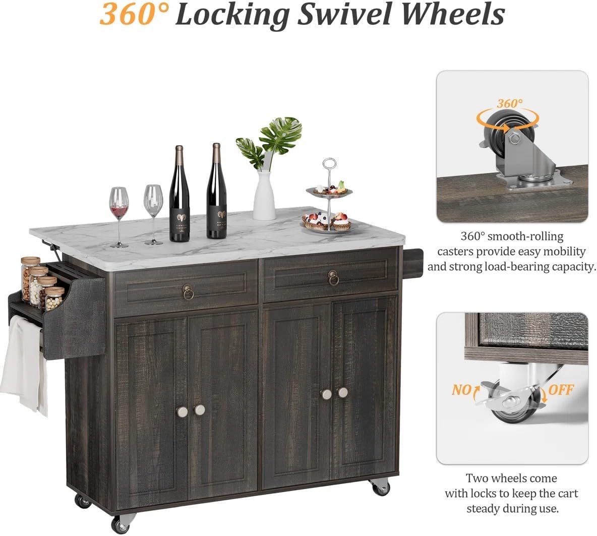 Zephome Farmhouse Kitchen Island with Power Outlet and Drop Leaf, Rolling Kitchen Cart on Wheels with Storage Cabinets & Drawers, Portable Wooden Microwave Stand Spice Rack for Small Spaces