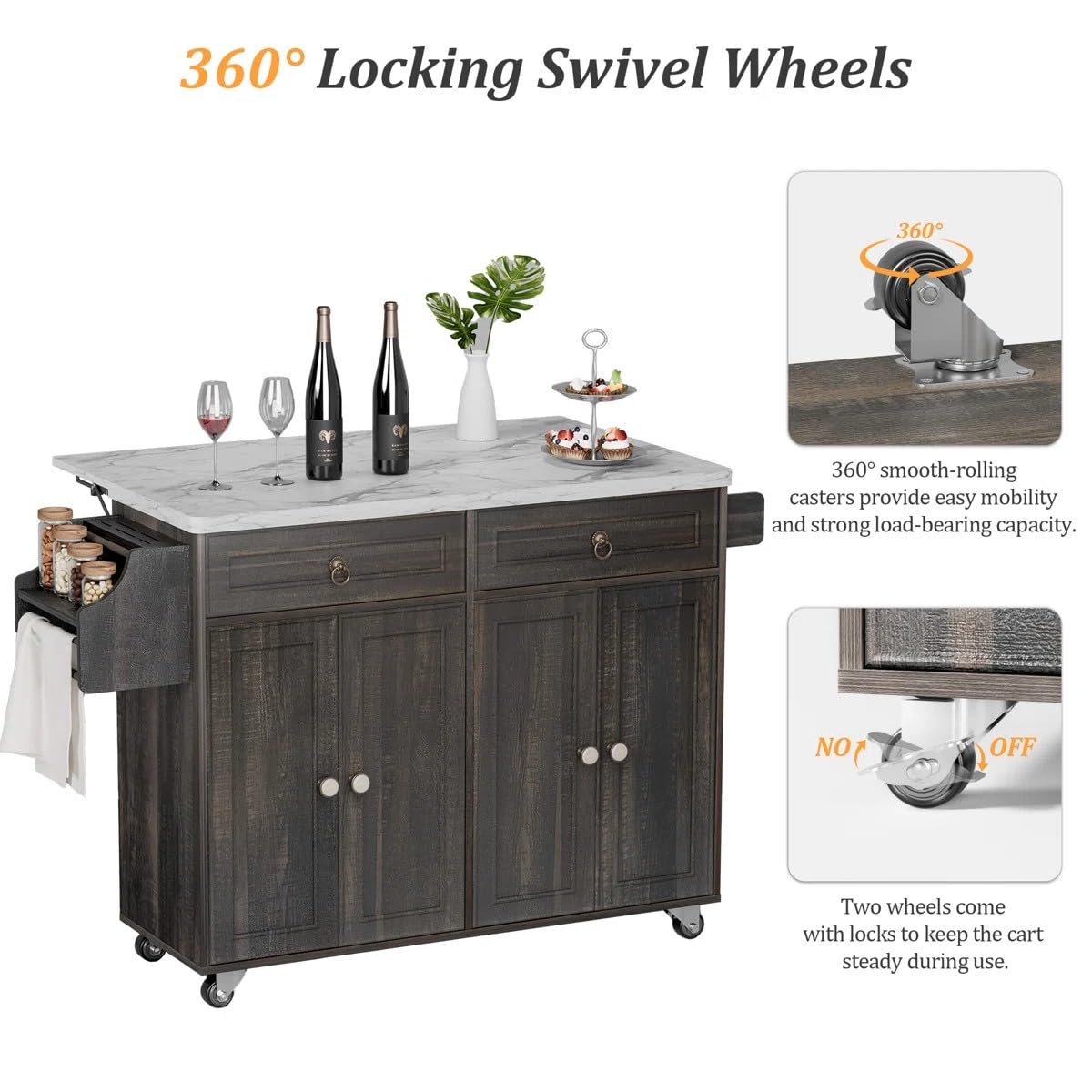 Zephome Farmhouse Kitchen Island with Power Outlet and Drop Leaf, Rolling Kitchen Cart on Wheels with Storage Cabinets & Drawers, Portable Wooden Microwave Stand Spice Rack for Small Spaces