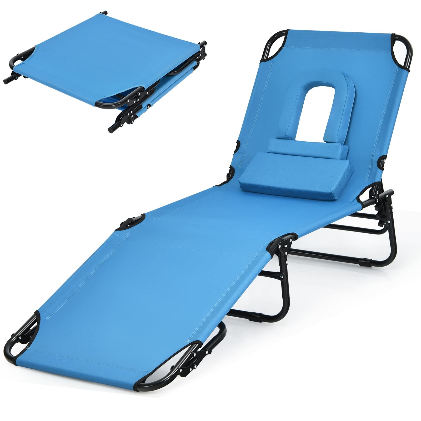 Folding Beach Lounge Chair with 5-Position Adjustable Backrest & Padded Pillows