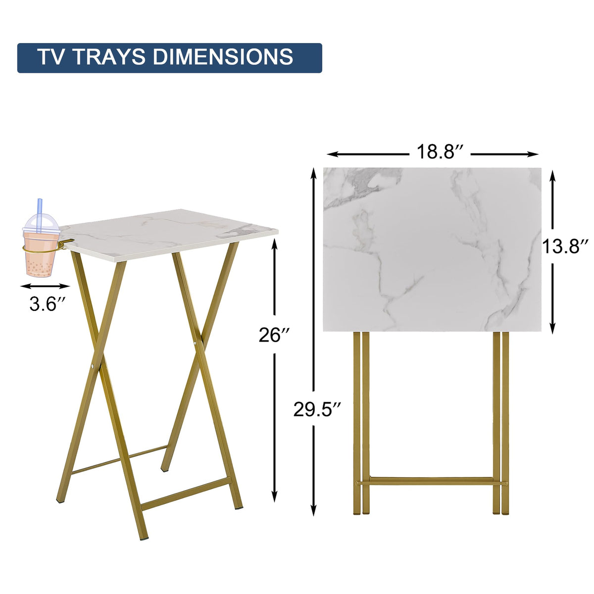 VECELO Folding TV Tray for Eating Set of 4, Portable Dinner/Snack Table with Cup Holder for Couch, Living Room and Small Space, Gold