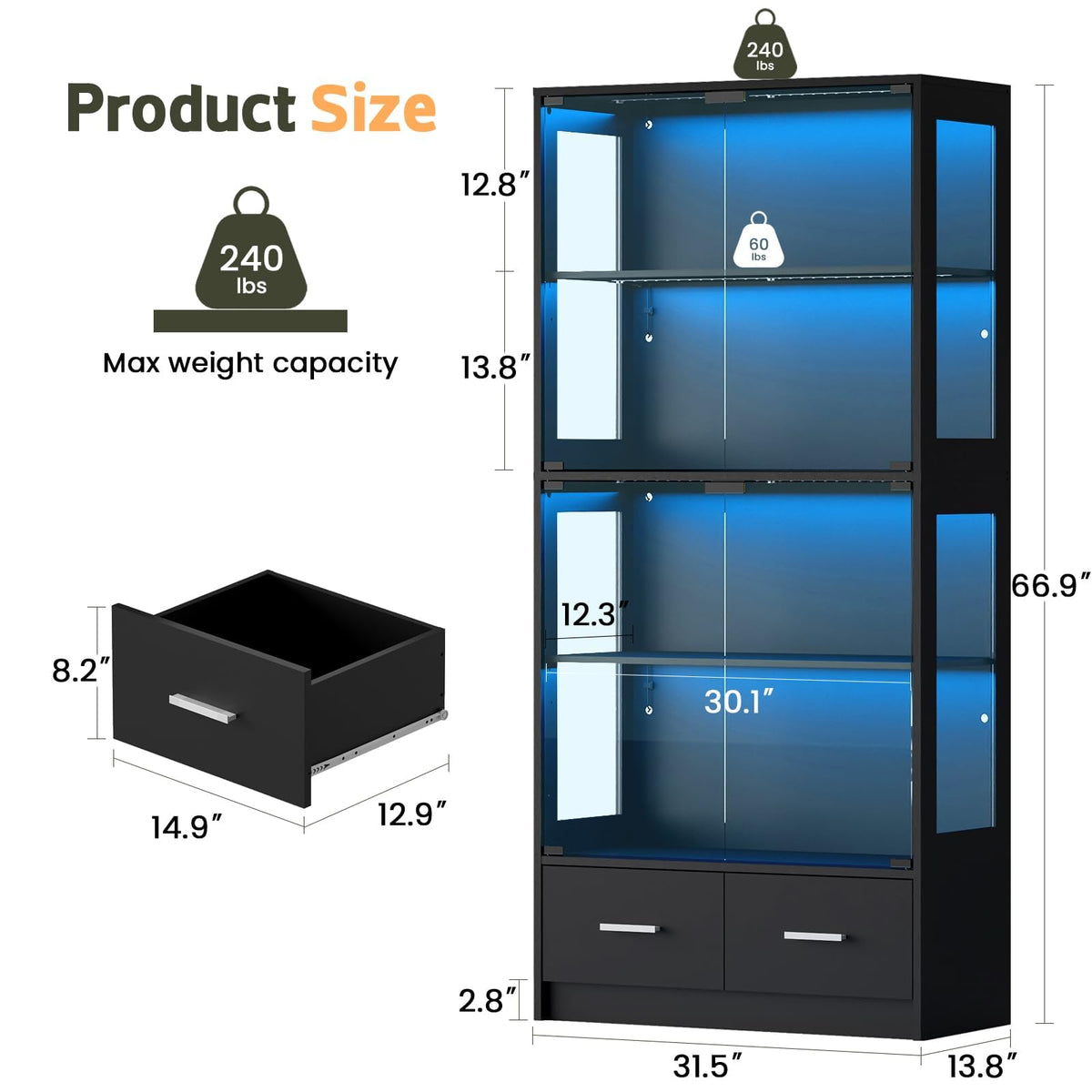 Lamtor 67" Display Cabinet with Glass Doors and 2 Drawers | Black