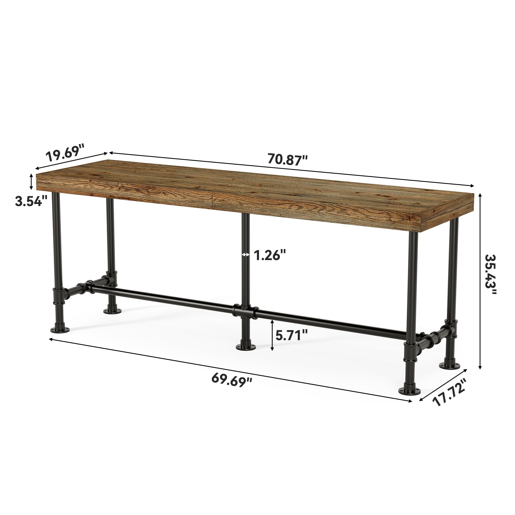 TRIBEWOOD 70.9-Inch Long Solid Wood Bar Table for 6-8 People, Industrial Narrow Counter Height Pub Table with Metal Footrest, Rectangular High Top Bar Unit for Kitchen Dining, Rustic Brown(Table Only)
