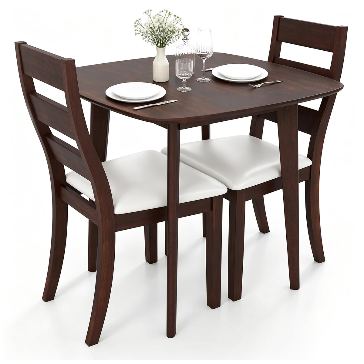 GIANTEX Small Dining Table Set for 2, Wood Square Kitchen Table and 2 Dinner Chairs with Upholstered Seat & Curved Backrest, Space-Saving Dinette Set for Small Space, Living Room, Dining Room