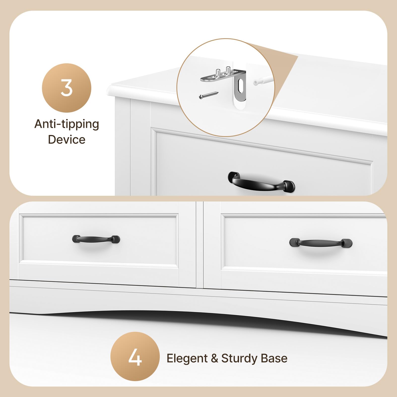 Gizoon 6 Drawer Dresser for Bedroom，47'' Larger Chest of Drawers with Mental Handle for Kids Room, White Dresser with 6 Storage Drawers for Living Room, Entryway and Hallway, White