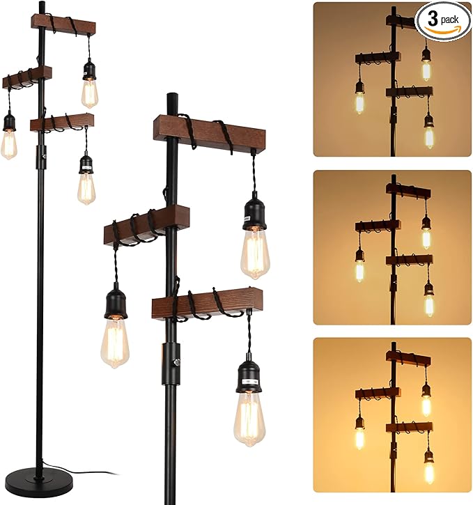 3-Head Wood Floor Lamp with Dimmable Switch