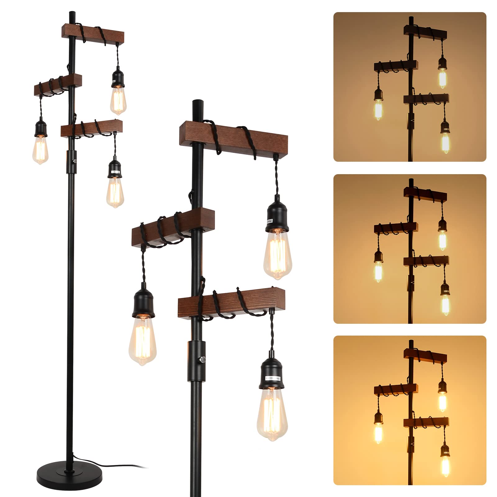 3-Head Wood Floor Lamp with Dimmable Switch
