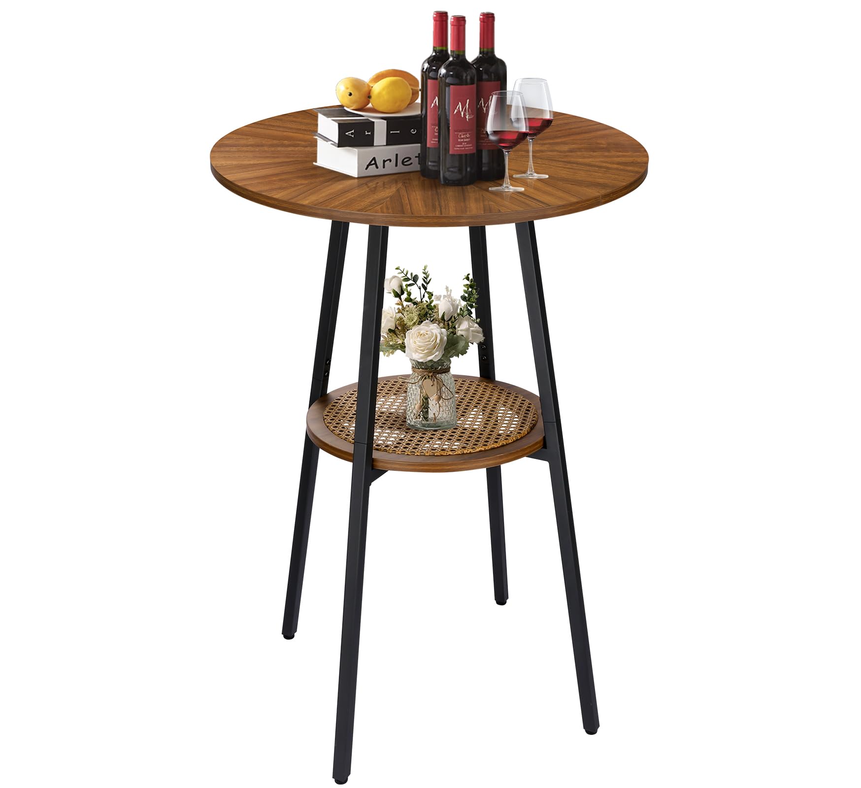 ZYBT Boho Bar Height Table - Rattan Storage Shelf, High Top & Counter Height Dining Table