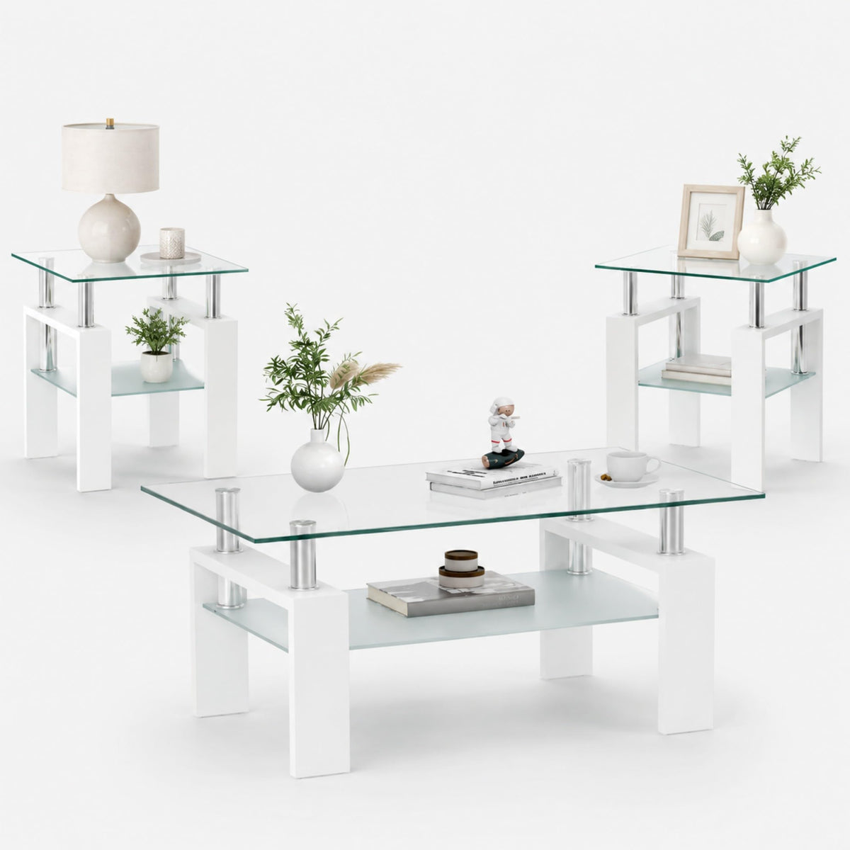 Meihua 3-Piece Coffee Table Set, Glass Coffee Table with 2 End Tables