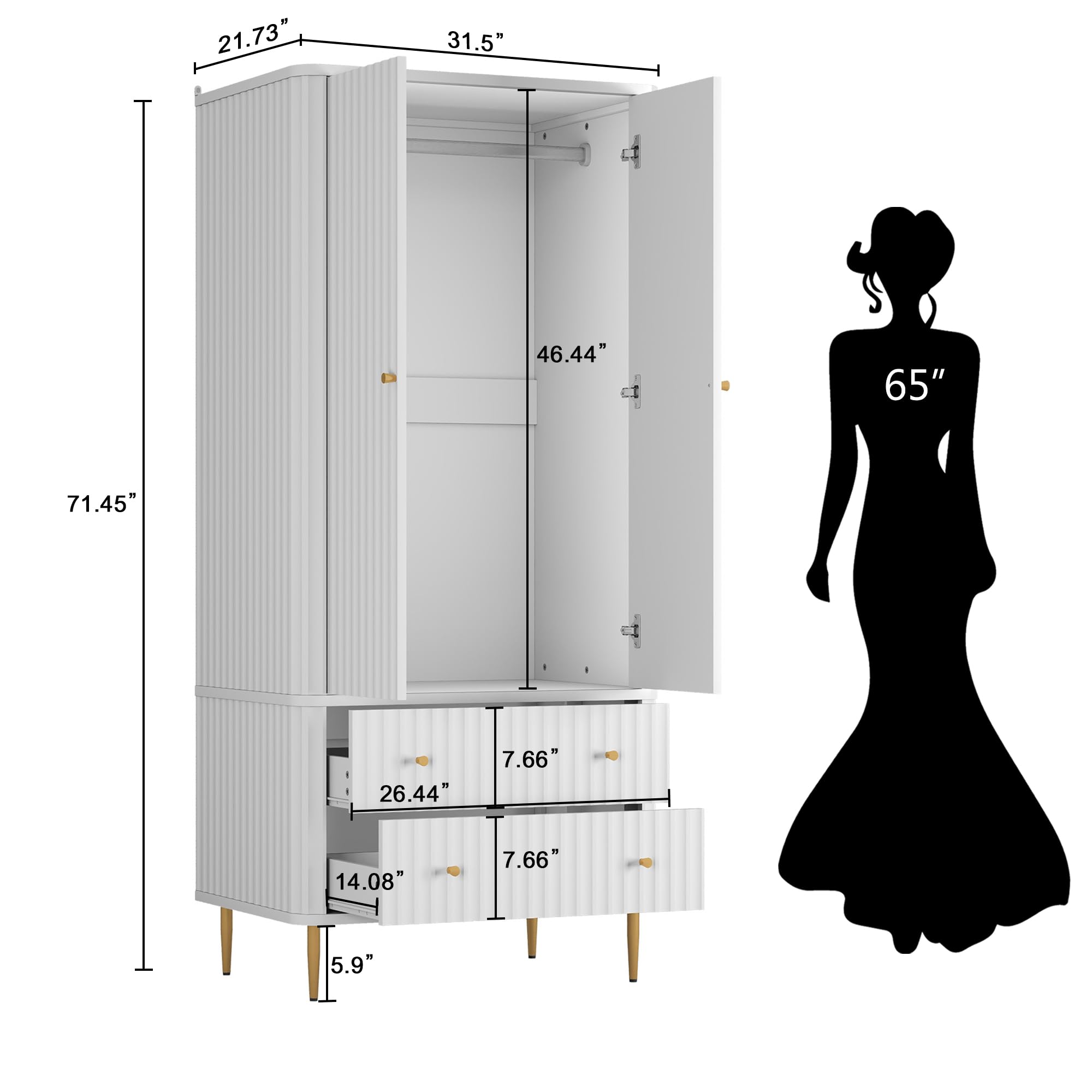 HLR 72" Modern Armoire Wardrobe Closet with Doors and Drawers, Bedroom Armoire Cabinet with Hanging Rod, Wooden Clothing Storage Cabinet,White