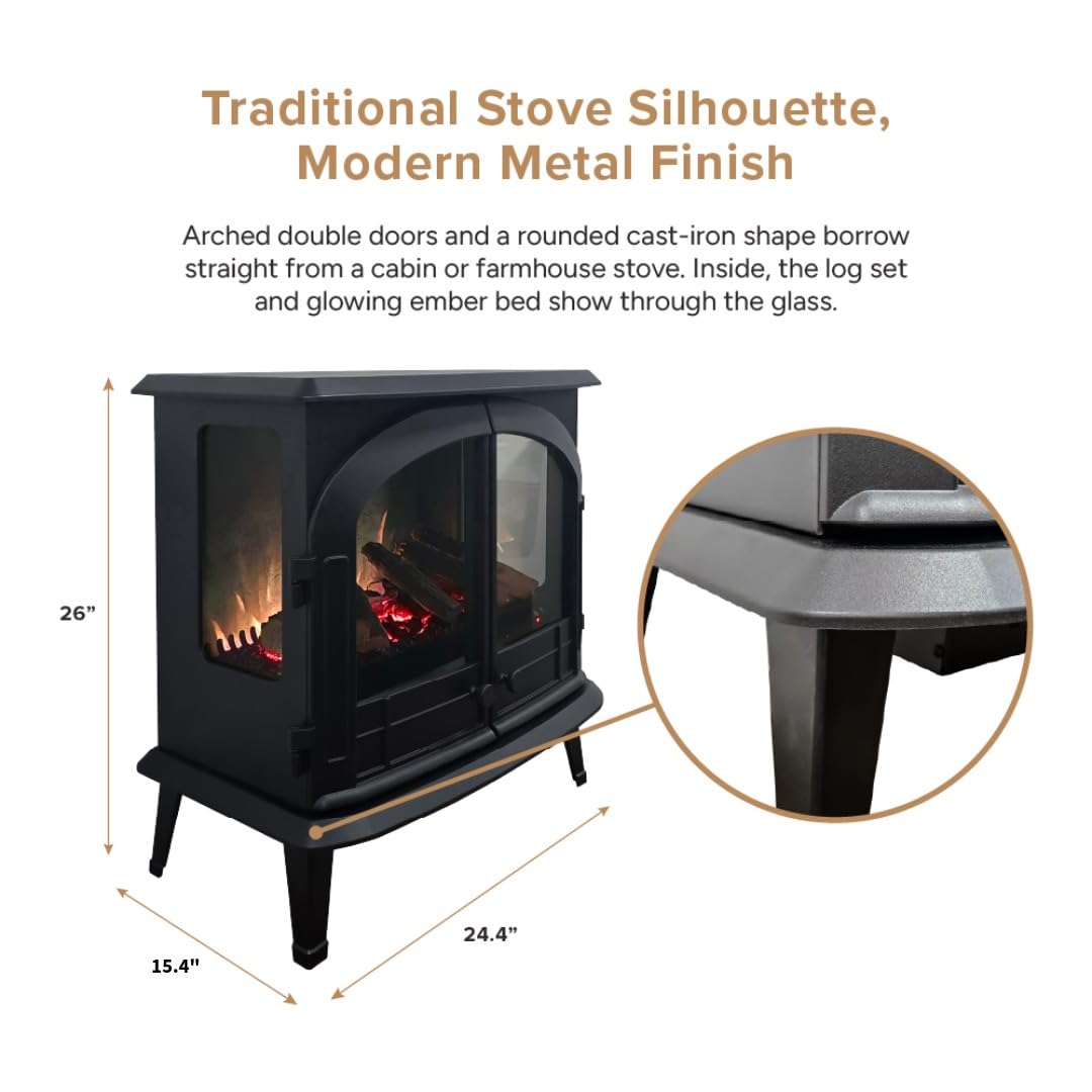Modern Ember Harlowe Freestanding Electric Fireplace Stove Heater in Black with Multi-Color Ember Bed | Smart Technology | Alexa/WiFi Enabled | 1500W | Indoor Portable Heater | Safety Shutoff