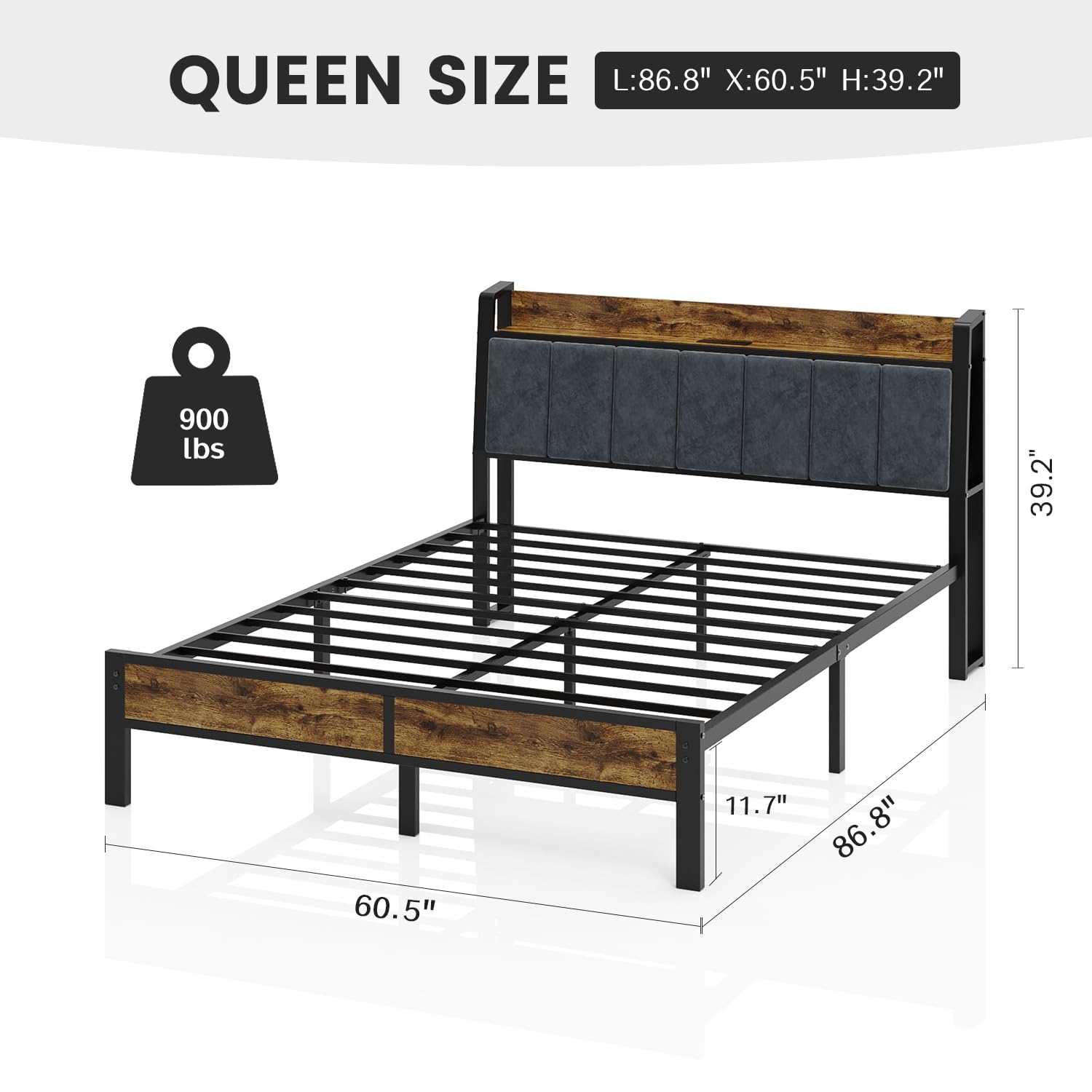 Metal Platform Bed Frame with Upholstered Headboard, Charging Station & LED Lights