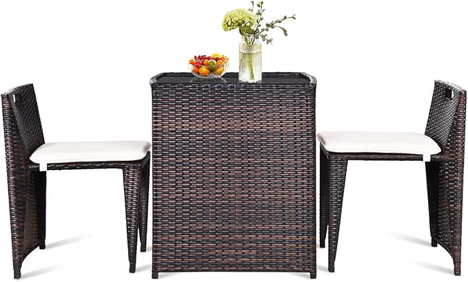 3-Piece Cushioned Wicker Patio Bistro Set