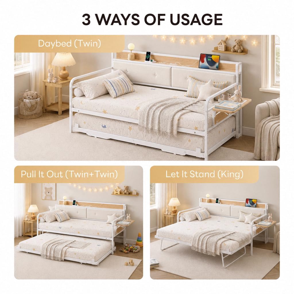 LIKIMIO Twin Daybed with Trundle, Twin Bed with Charging Station, White