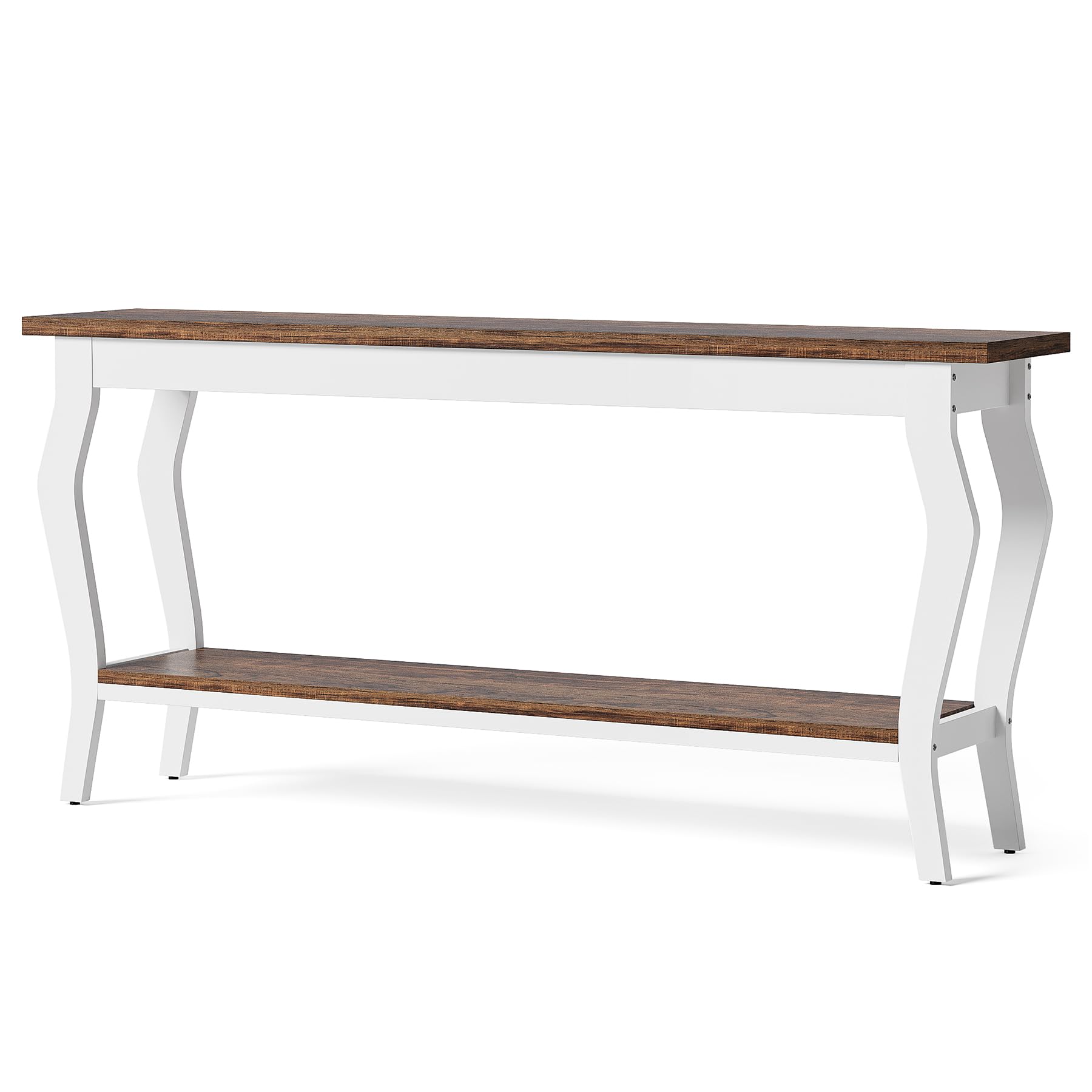 LITTLE TREE 70.9 Inches Long Console Table, 2-Tier Vintage Wooden Sofa Table Behind The Couch with Metal Legs for Hallway, Entryway, Living Room, Brown & White