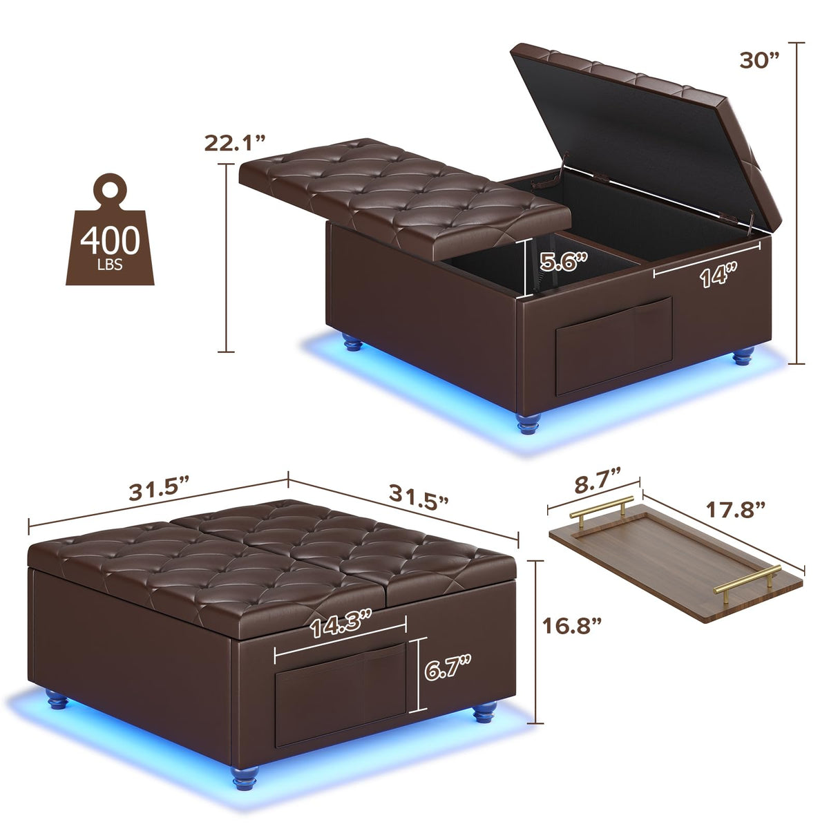 LED Storage Ottoman with Charging Station