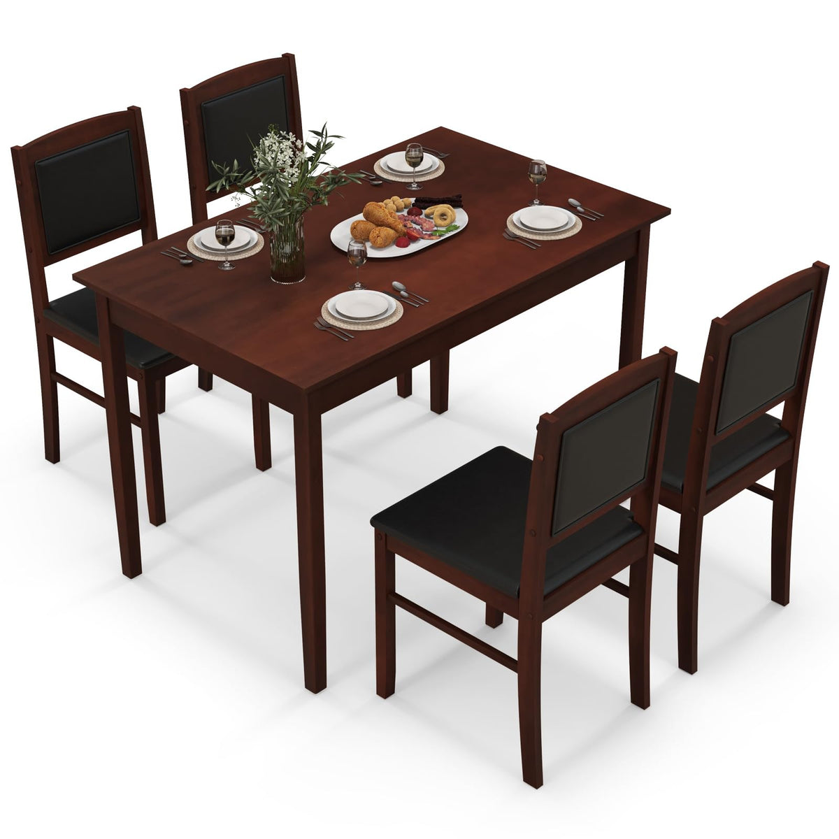 GIANTEX 5-Piece Dining Table Set for 4, Wooden Kitchen Table and Chairs with Solid Rubber Wood Legs, Padded Seat & Backrest, Space Saving Dinette Set for Home Dining Living Room, Breakfast Nook