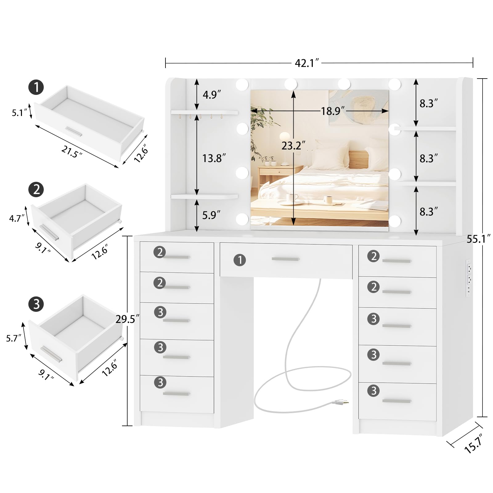 Quimoo Large Vanity Desk with Mirror and Lights, Makeup Vanity with 11 Drawers & 6 Open Shelves, 3 Color Modes & Adjustable Brightness, White Vanity for Girls