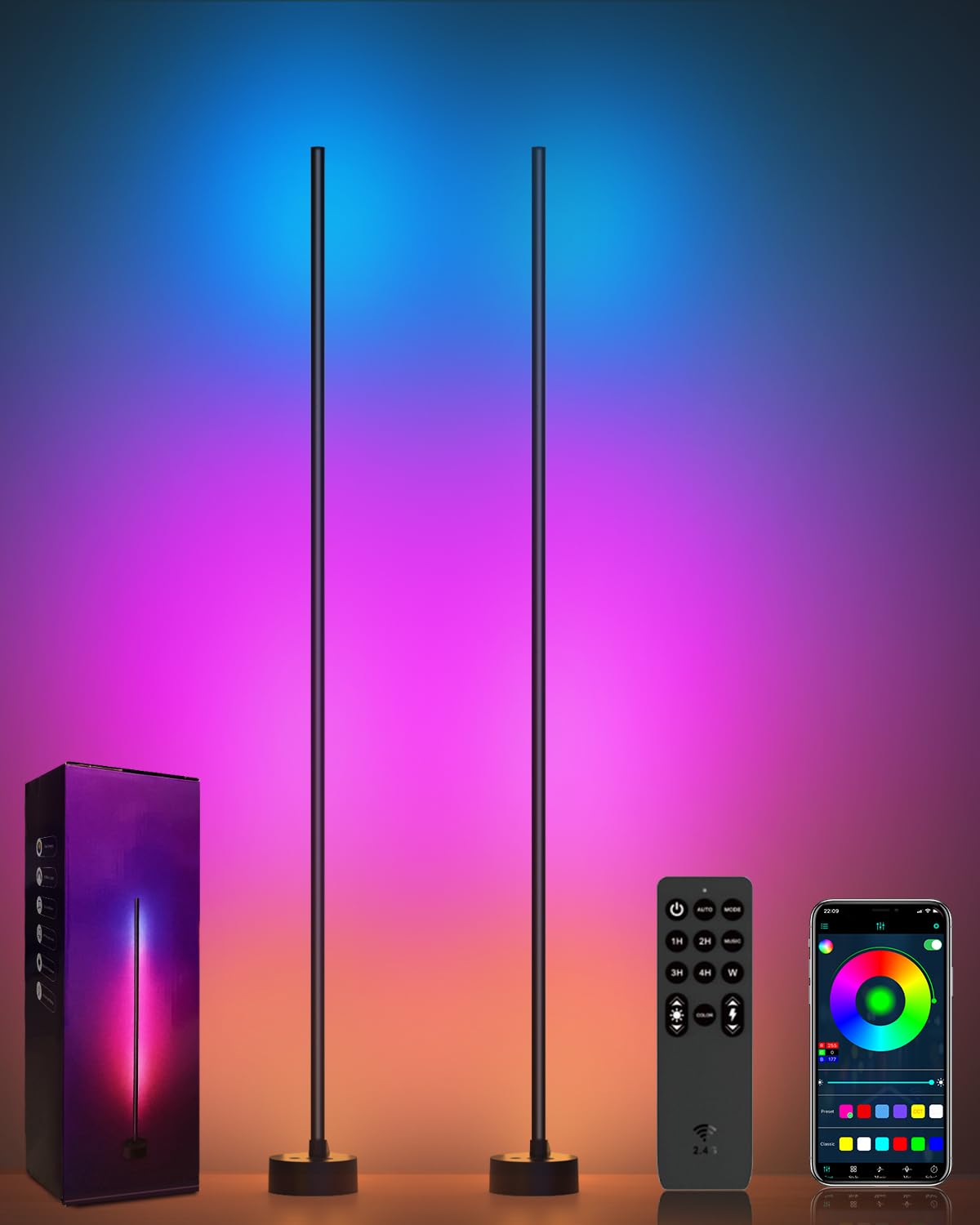 Miortior Corner Floor Lamp LED, 2-Pack Corner Lamp with App/Remote/Button Control, Smart RGB Floor Lamp with Music Sync, 16 Million DIY Colors & 68+ Scene for Living Room, Bedroom, Gaming Room
